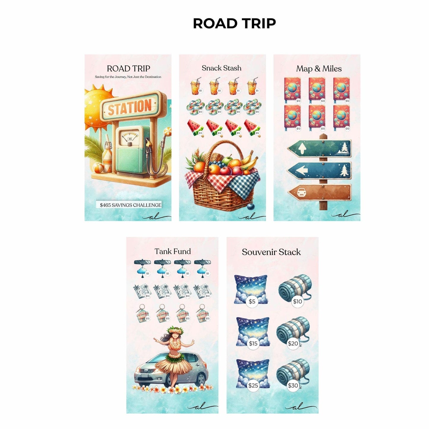 Road Trip A6 Savings Challenge Cards.