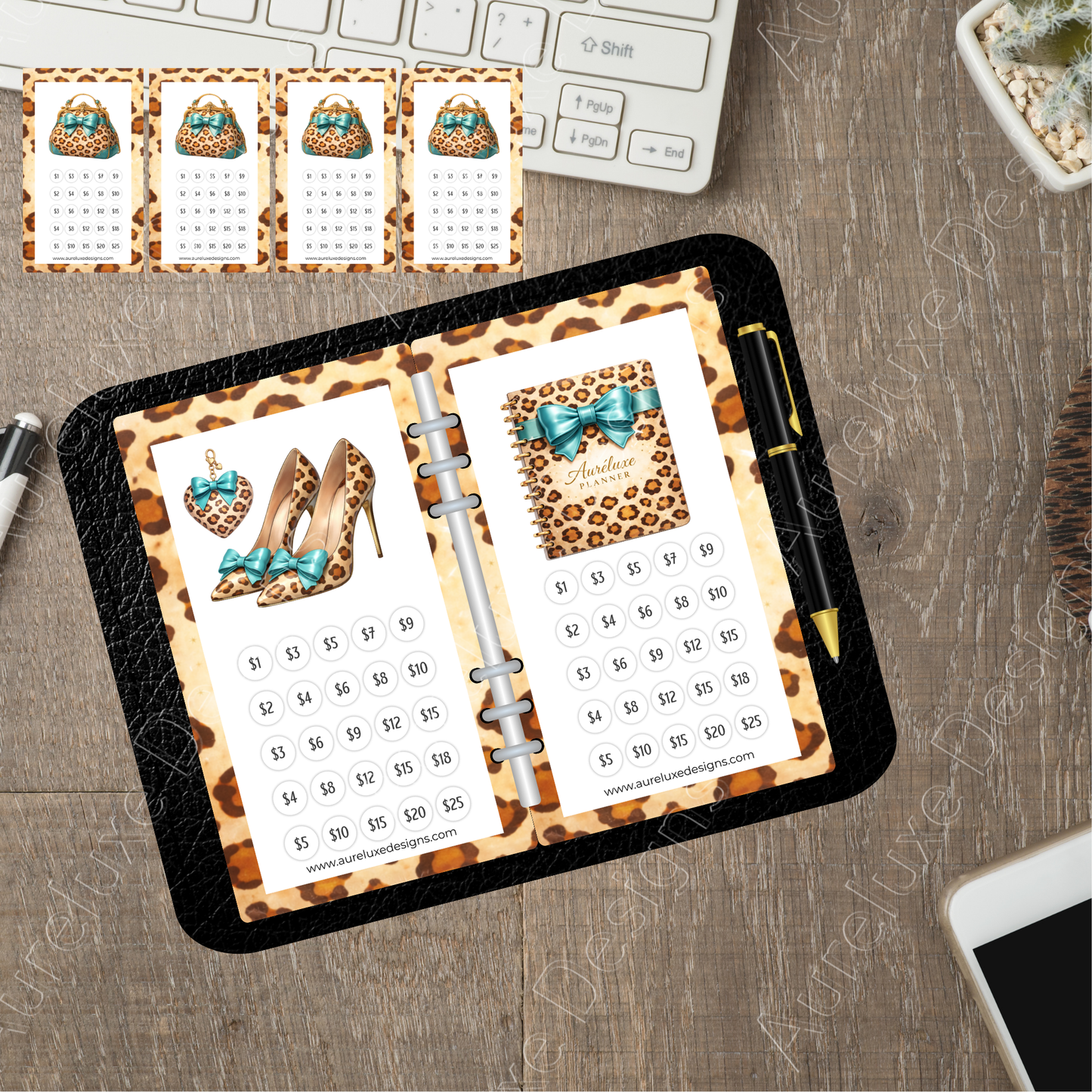 Leopard Luxe Teal 10-Piece Printable Savings Challenge Set