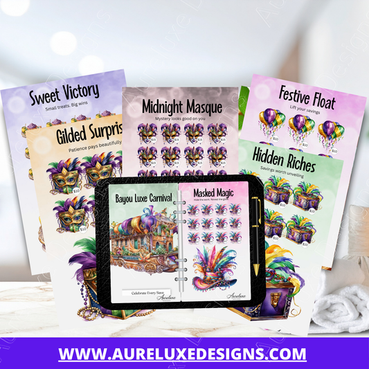 Bayou Luxe Carnival Savings Challenge Cards | A6 Mardi Gras Budget Set | Luxury Cash Stuffing Insert