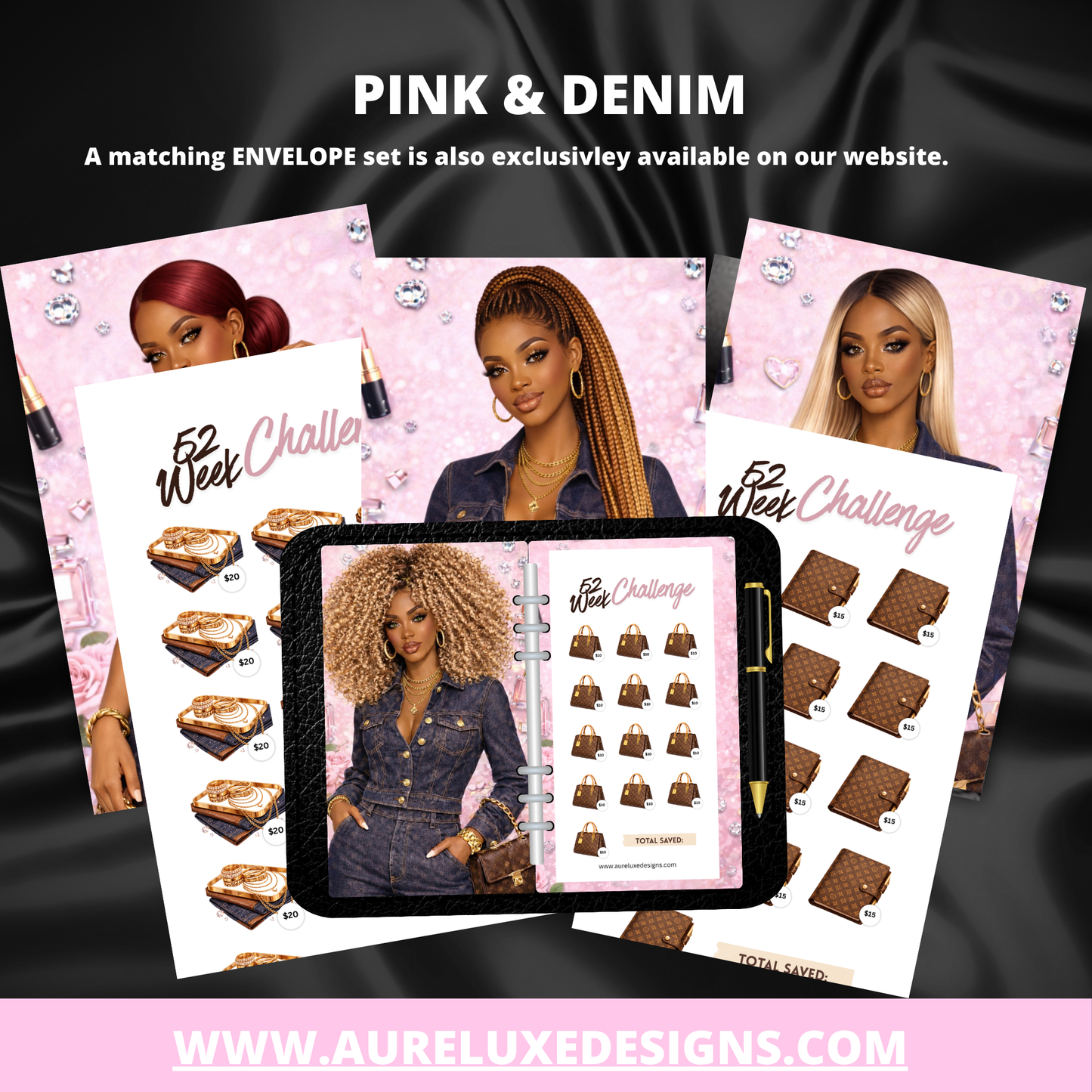 13- pc Pink & Denim Luxe Cash Stuffing Card Inserts