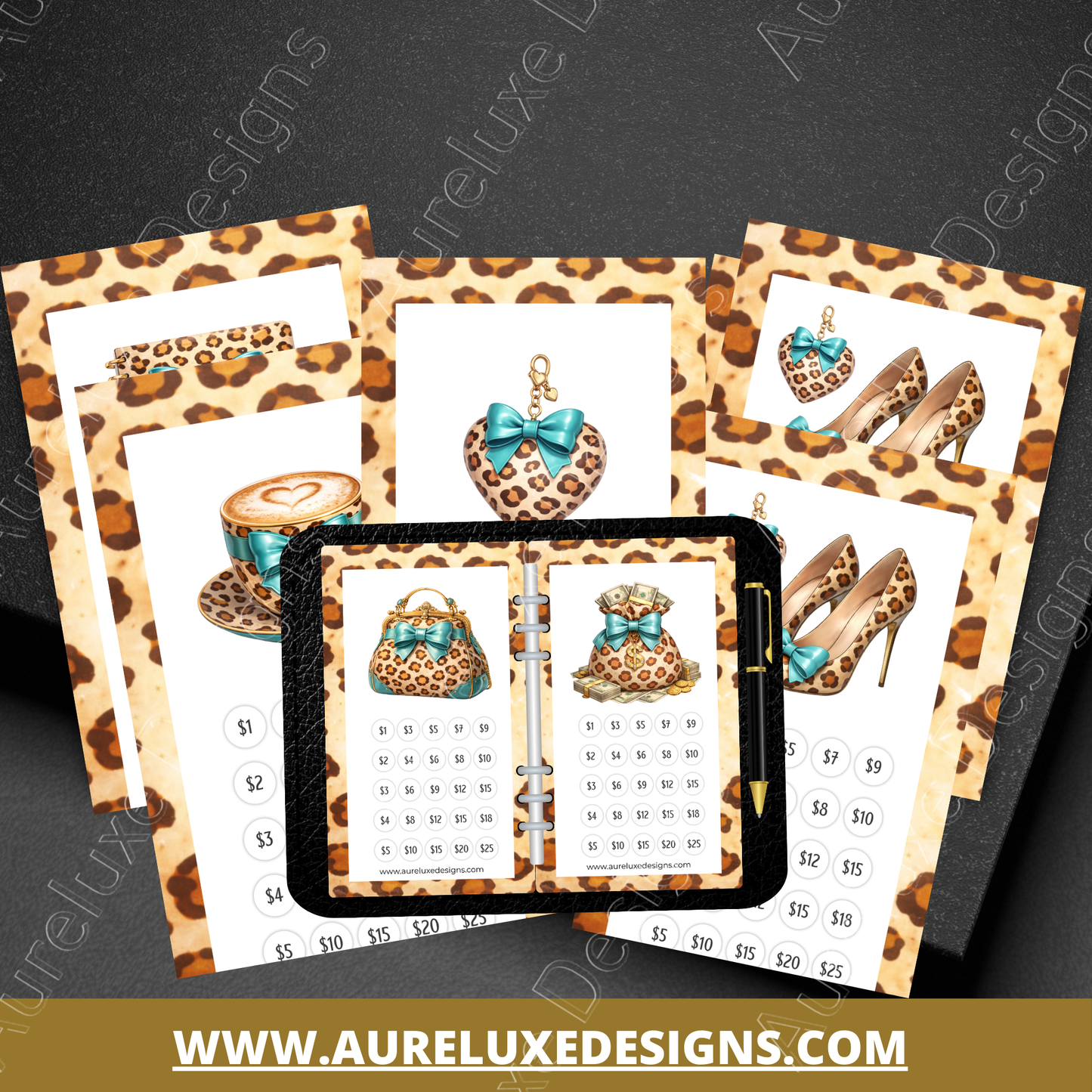 Leopard Luxe Teal 10-Piece Printable Savings Challenge Set