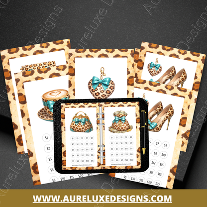 Leopard Luxe Teal 10-Piece Printable Savings Challenge Set