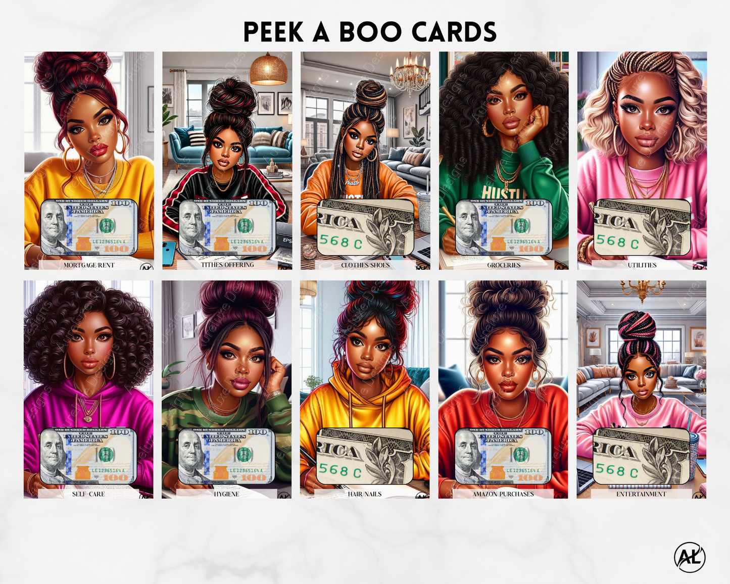 Signature Peek-A-Boo Cash Stuffing Cards Auréluxe Peek-A-Boo Luxe Collection