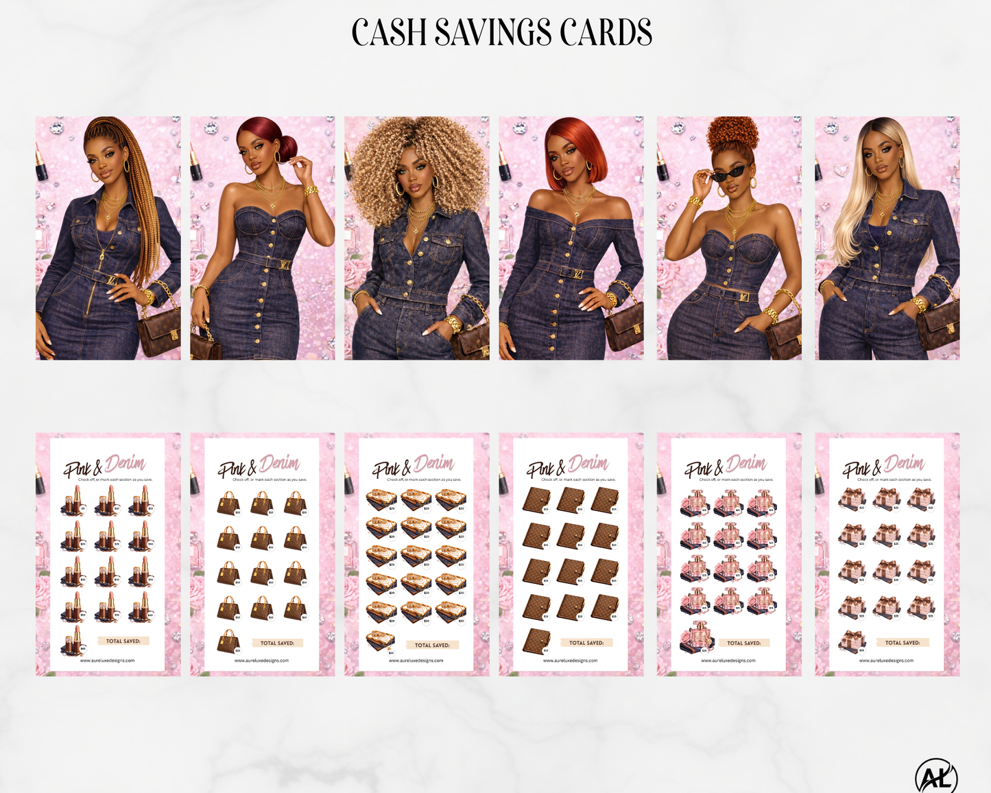 13- pc Pink & Denim Luxe Cash Stuffing Card Inserts