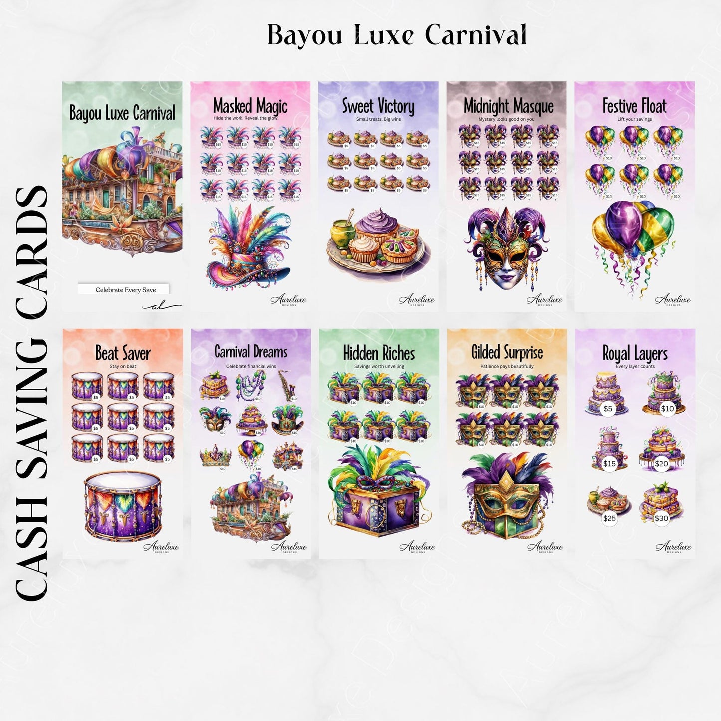 Bayou Luxe Carnival Savings Challenge Cards | A6 Mardi Gras Budget Set | Luxury Cash Stuffing Insert
